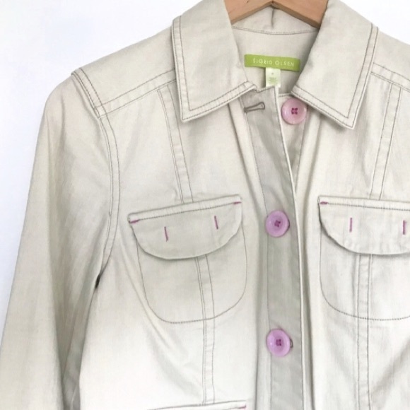 Sigrid Olsen Cotton Jacket Ivory W/ Pink accents Size 6 Spring Jacket Tan Jacket - Picture 4 of 8